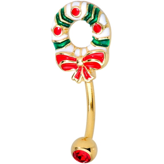 Body Candy 14G Womens PVD Steel Navel Ring Piercing Red Accent Holiday Wreath Top Mount Belly Button Ring