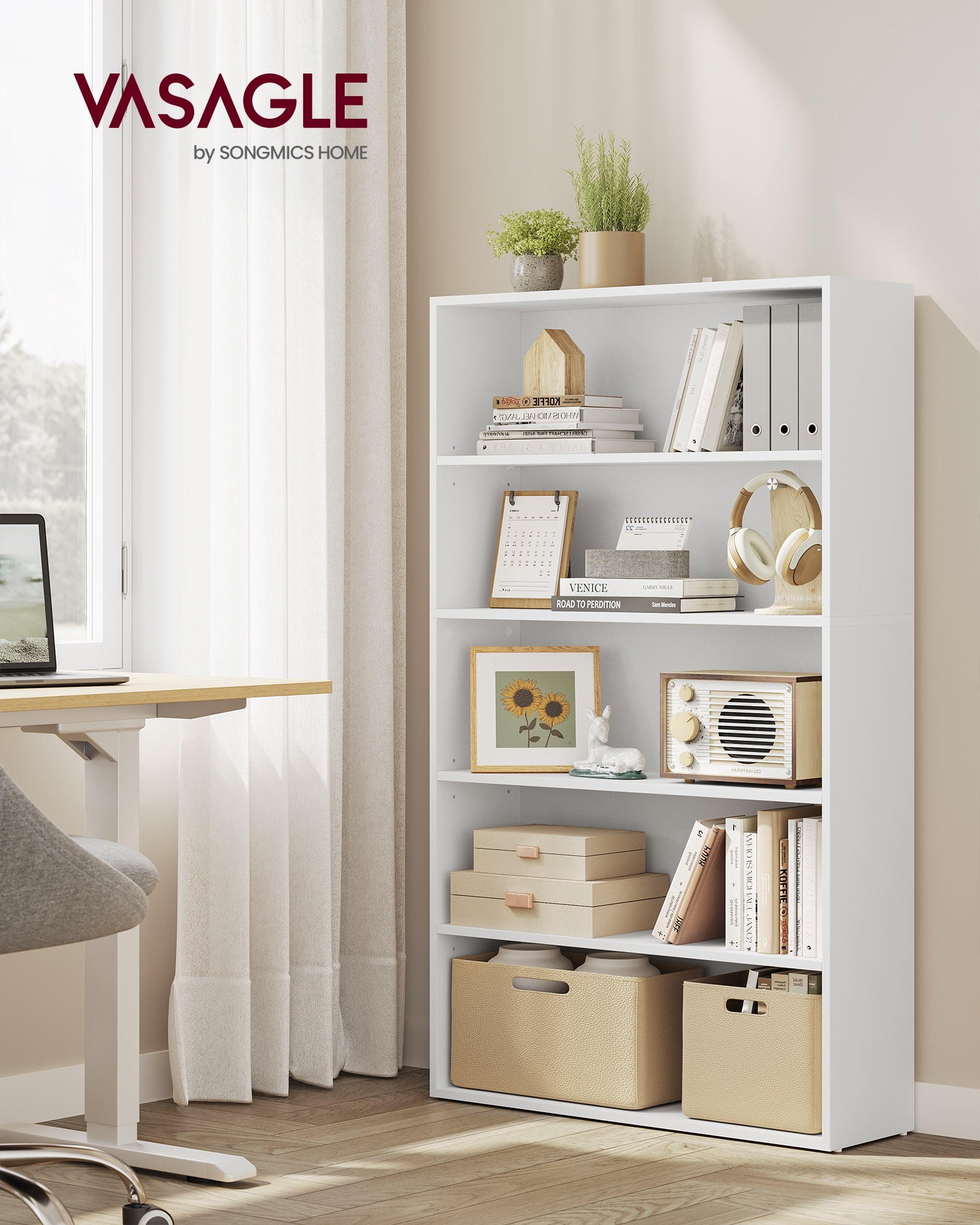 30 Inches Wide 5-Tier Open Bookshelf, Adjustable Storage Shelves, Floor Standing Bookcase in Cloud White