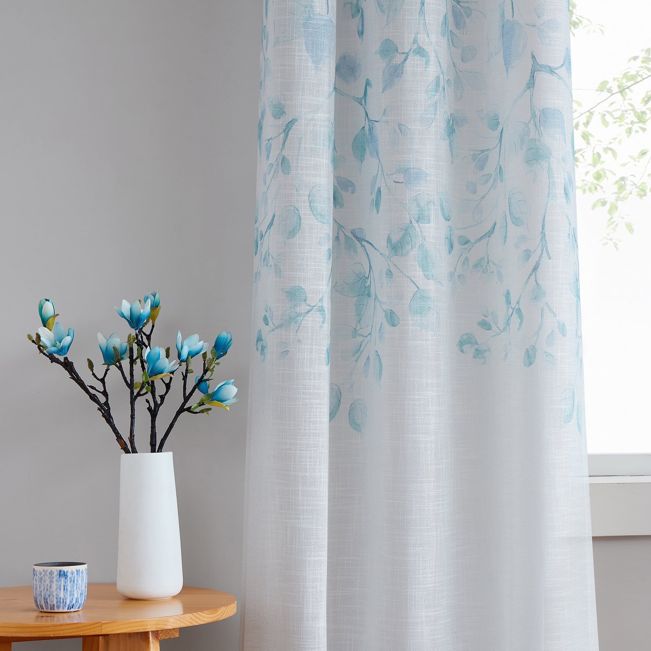 Uptown Home Teal Blue Leaf Floral Print Metallic Sheer Curtain Autumn Fall Window Curtain Panel for Living Room Rustic Sparkling Decorative Grommets Top Farmhouse Drapes,40"x84"x2