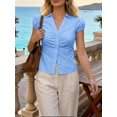 thumbnail image 5 of Women Puff Short Sleeve Button Down Shirt Collared Ruched Fitted Blouse, 5 of 6