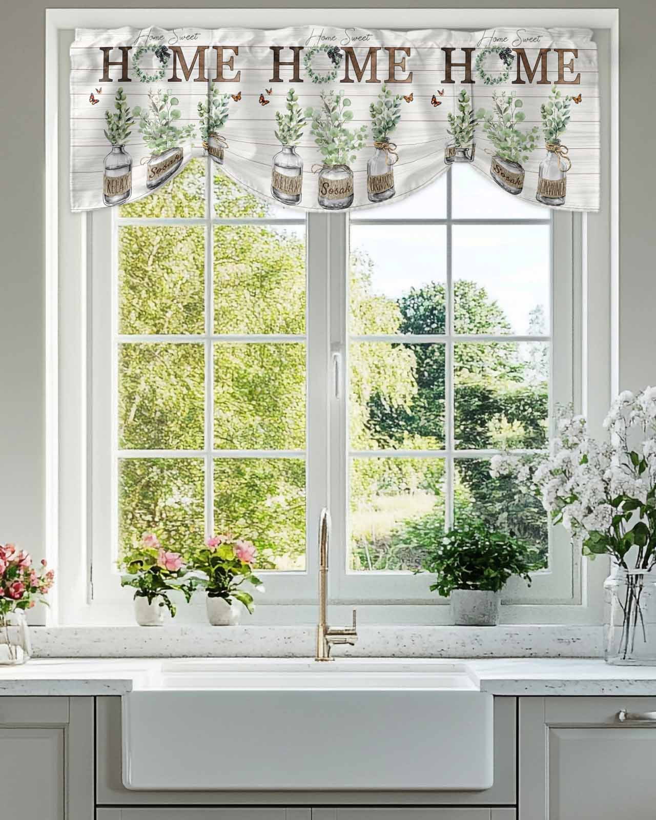 Farmhouse Tie Up Valances Curtain, Adjustable Kitchen Home Sweet Home Green Eucalyptus Wood Grain Valances for Windows Decor, Rod Pocket Short Curtains Set for Bedroom/Bathroom, 60"x18"