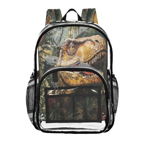 Clear PVC Backpack Large Capacity Multi-Pocket Printed Shoulder Bag Lightweight Daypack for School Travel Outdoor Cool Cartoon Dinosaur