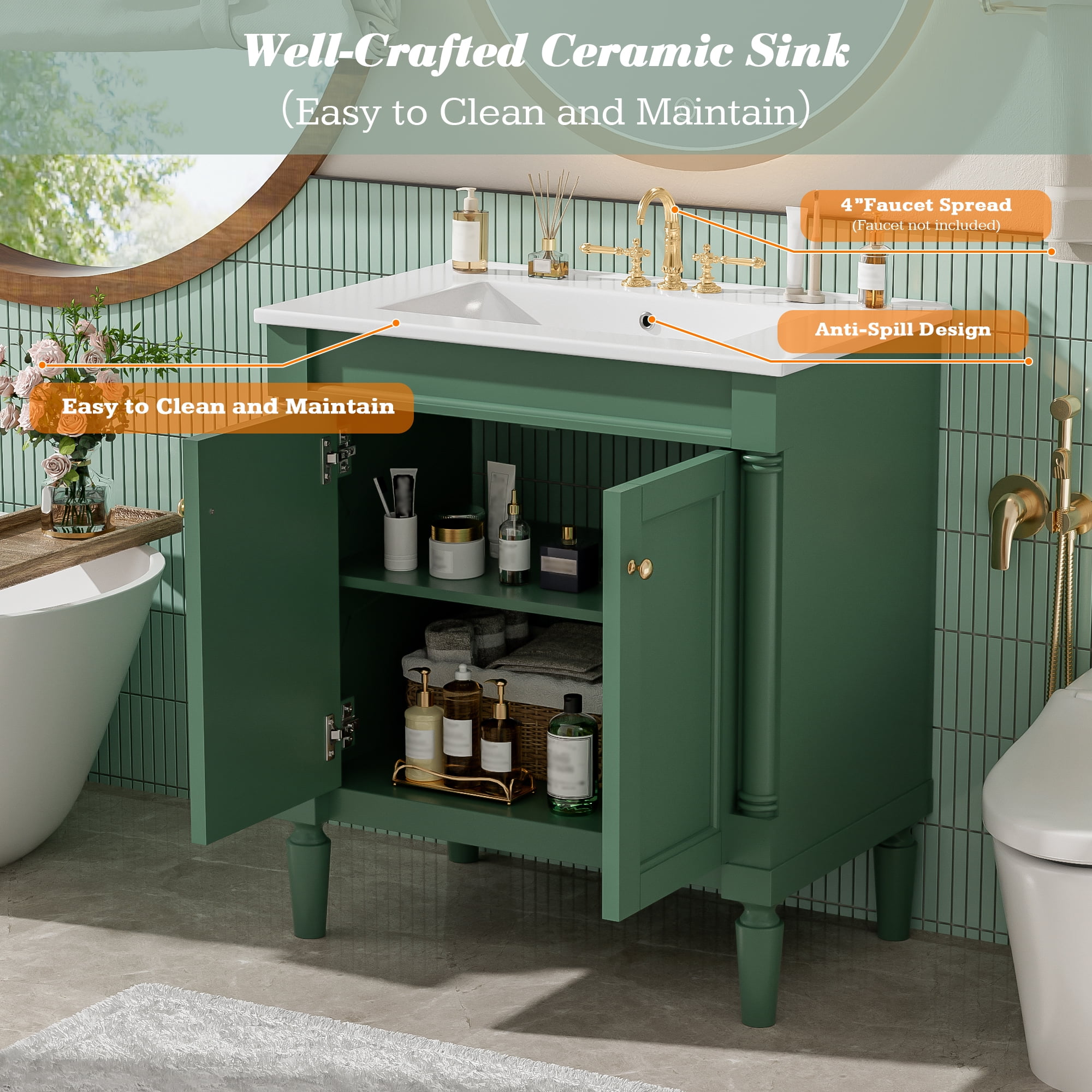 Euroco 30" Luxurious Bathroom Vanity Cabinet with Ceramic Sink Basin, 30-Inch, Storage Cabinet with Soft Close Doors and Solid Wood Legs