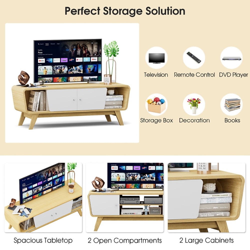 Finihen TV Stand, TV Cabinet, Sliding Door TV Stand with Adjustable Shelf for TVs up to 55 Inch, for Living Room, Bedroom, Natural