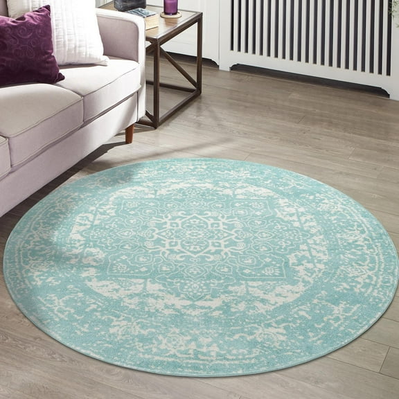 Unique Loom Richmond Collection Area Rug - Medallion (7' 10" Round Aqua/Ivory)