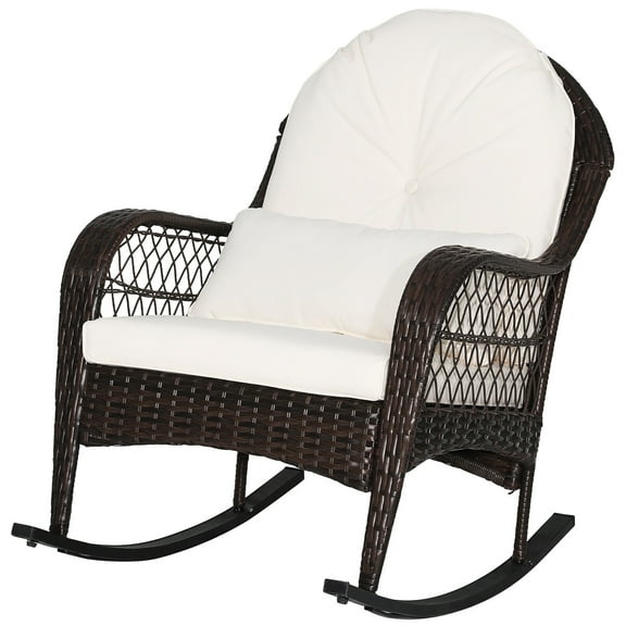 Gymax Patio Wicker Rocking Chair w/ White Seat Cushions & Lumbar Pillow Porch