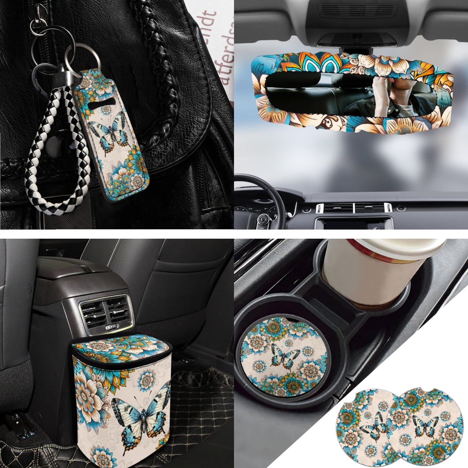 Jeiento Butterfly Car Seat Covers Set of 13 Car Seat Belt Pad Cover Dahlia Steering Wheel Cover Car Trash Can Rear View Mirror Cover Car Cup Coasters Keychains Chapstick Holder Universal Fit