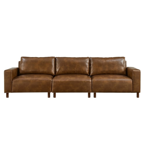 112" Luxury PU Leather Sofa, Mid-Century Modern 3-Seat Breathable Faux Leather Couch with Solid Wood Legs for Living Room & Apartment, Brown