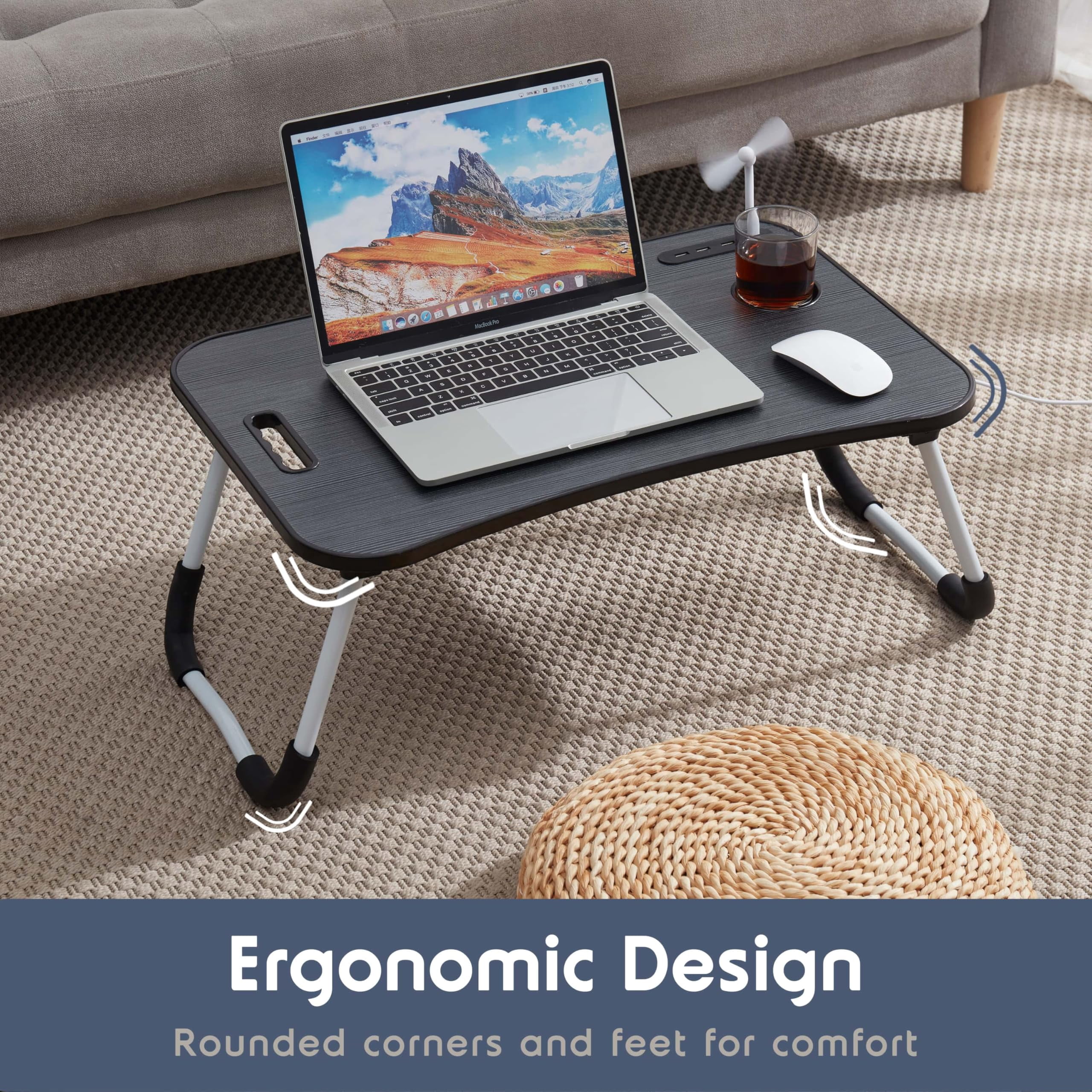 Foldable Lap Desk - Portable Laptop Stand For Bed  Couch Work Reading & Writing Table With Usb Ports Large Tray Black