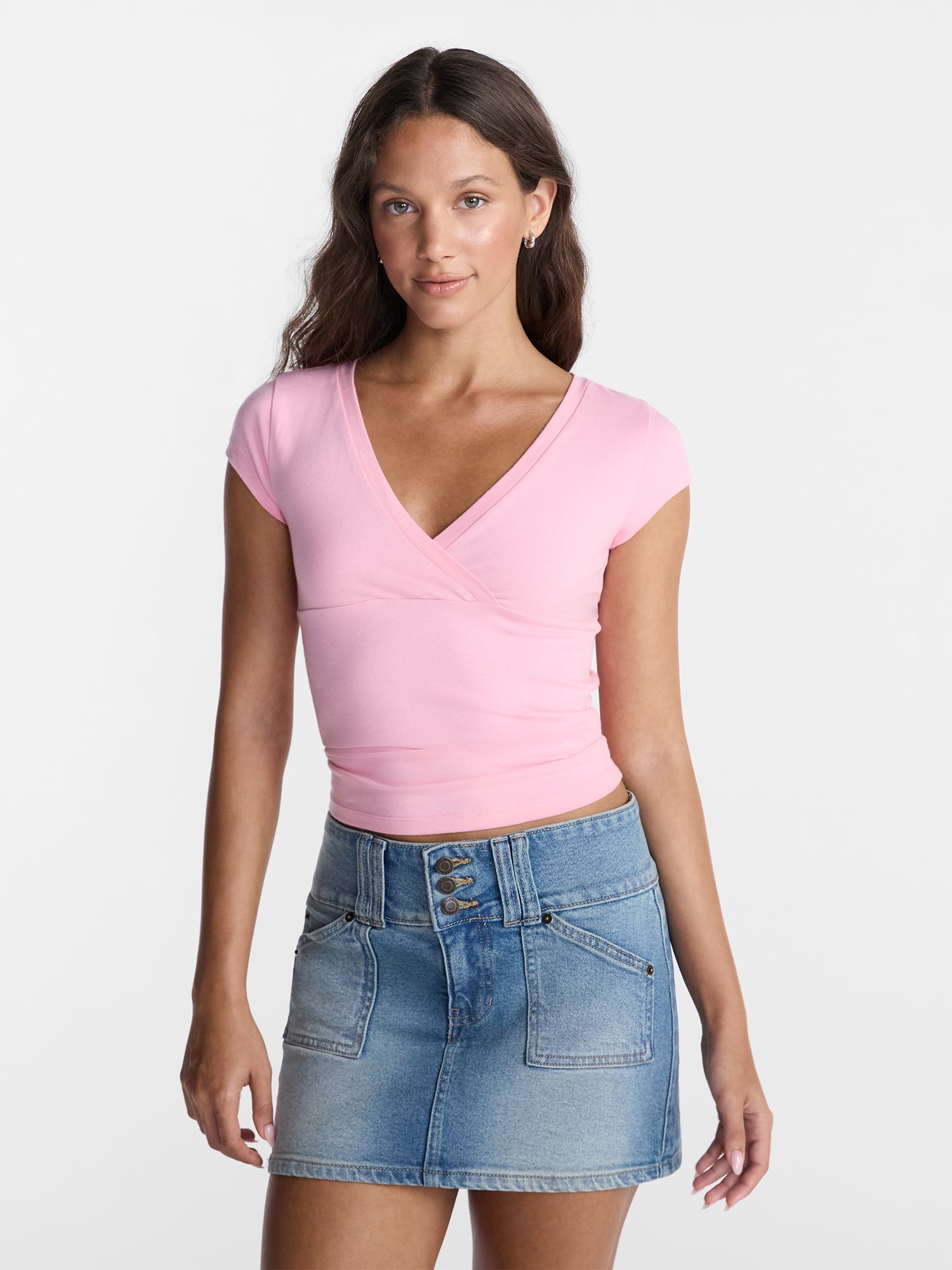 No Boundaries Surplice Top with Cap Sleeves, Women's XXS-XXL