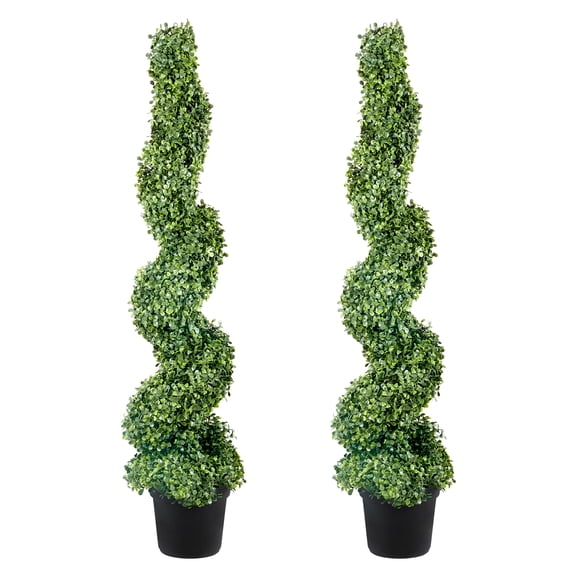 KFFKFF Set of 2 Artificial Spiral Boxwood Topiary Plants, 122cm Tall, Decorative Green Plants with Plastic PE and Iron Construction, Includes 10 Replacement Leaves