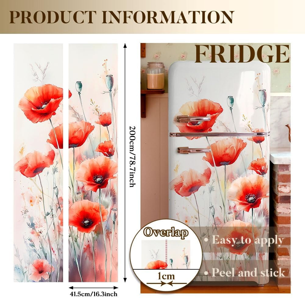 2 Sheet Flower Removable Refrigerator Wraps Self-Adhesive Fridge Stickers Peel and Stick Vinyl Fridge Decals Sticker for Living Room Multi-color