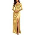 thumbnail image 2 of Smsaxvxz Women's Cowl Neck Satin Maxi Dress Long Sleeve High Slit Formal Evening Gown for Wedding Guest Bridesmaid Party Gold L, 2 of 7