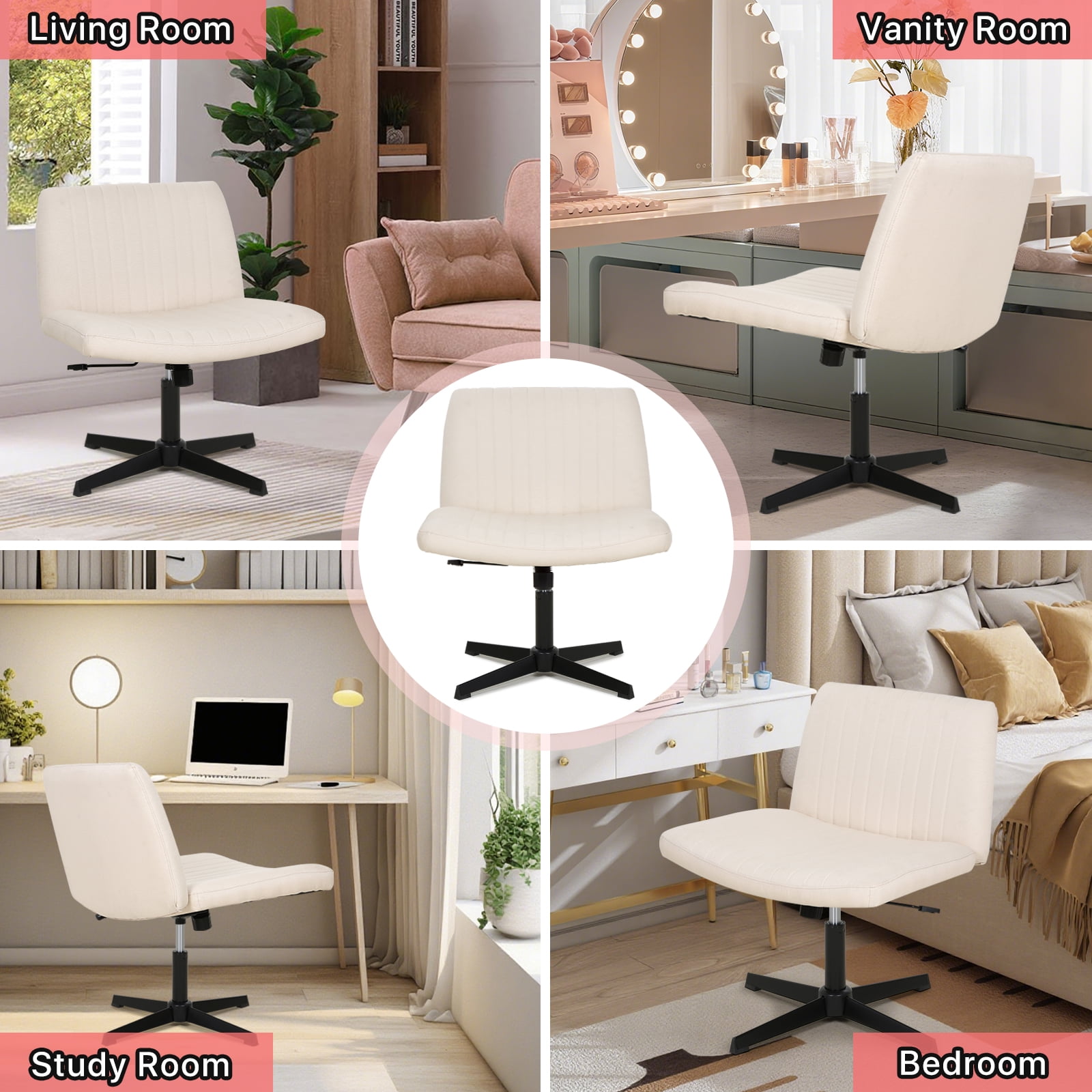 Criss Cross Chair, Armless Vanity Chair Cross Legged Office Chair, Adjustable Wide Swivel Desk Chair for Home Office No Wheels, Beige