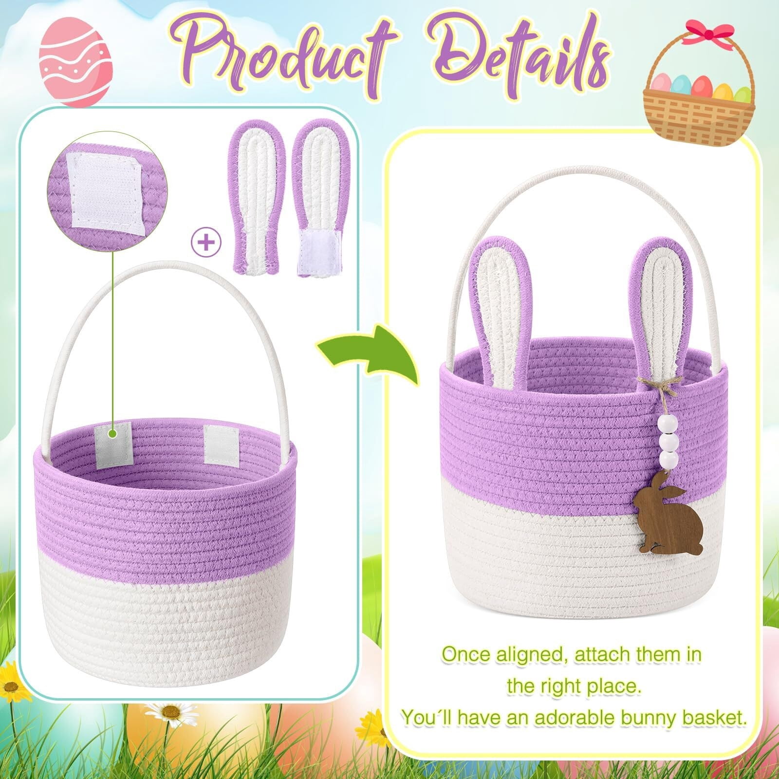 Easter Bunny Basket for Kids, Set of 2 Rabbit Ear Easter Basket with Rabbit Wood Bead Tags, Egg Hunt Bucket for Girls Boys(Yellow White)
