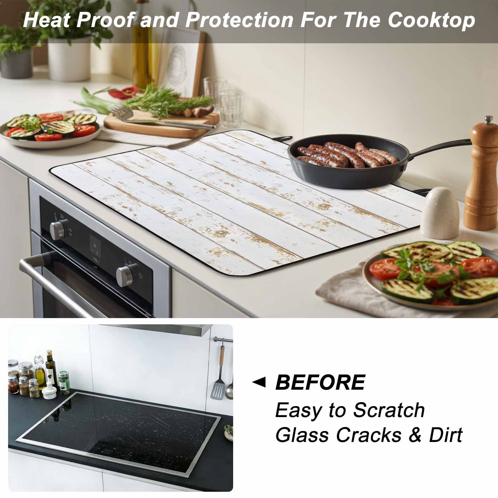 White Wooden Plank Stove Top Cover for Electric Stove, Heat-proof & Non Slip Glass Top Stove Cover Protector, Country Vintage Farmhouse Wood Grain Kitchen Flat Cooktop Rubber Mat 24x21 Inches