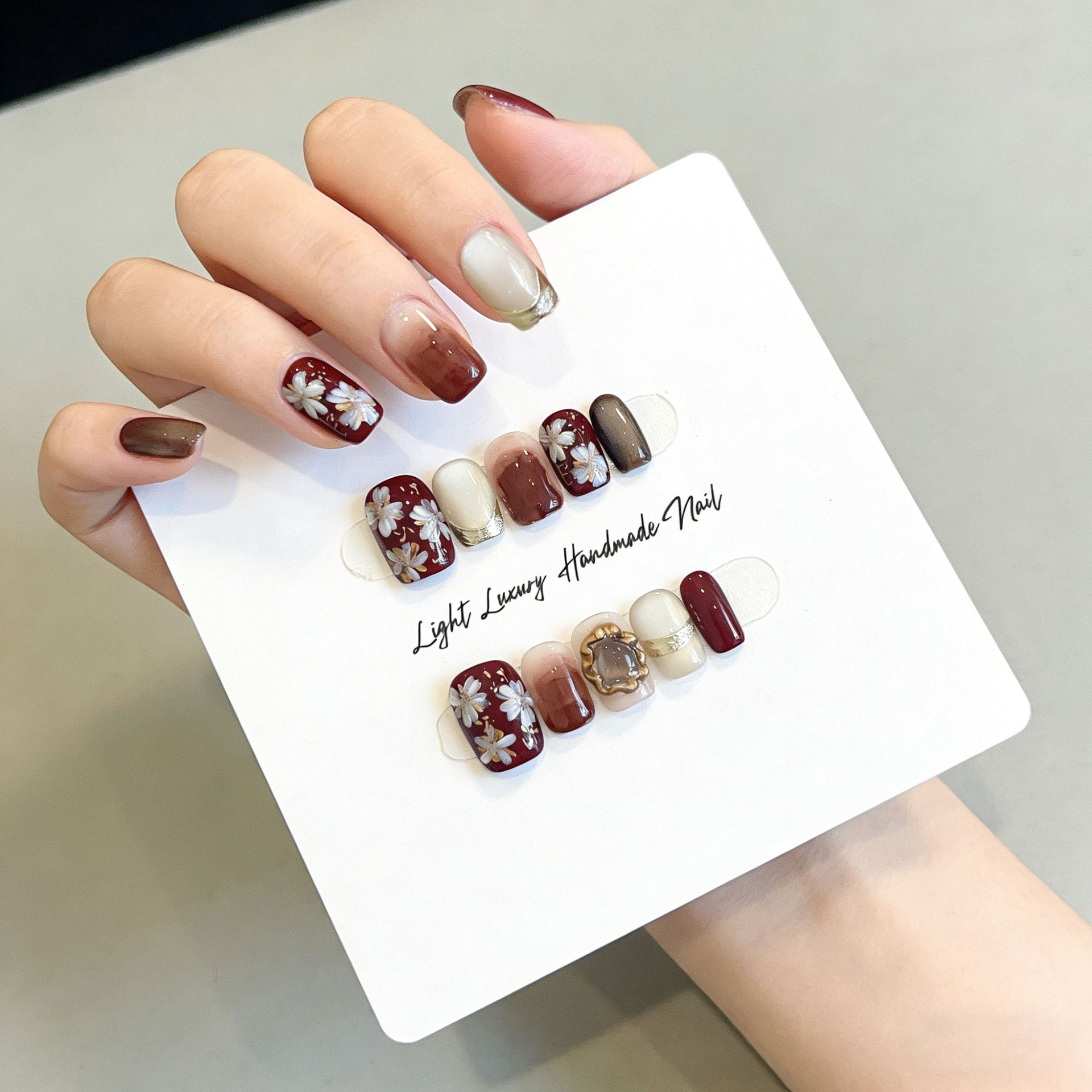 New Year's armor Cherry red white hand-painted pure hand-worn nail smudge Japanese nail patch