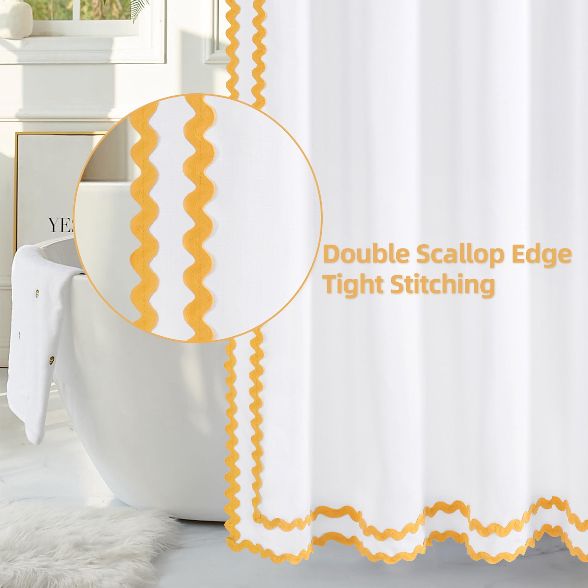 FRAMICS Yellow Scalloped Shower Curtain Sets with Rug, 14 Piece Fabric Bathroom Sets with Hooks, Heavy-Duty & Waterproof, 72" x 72"