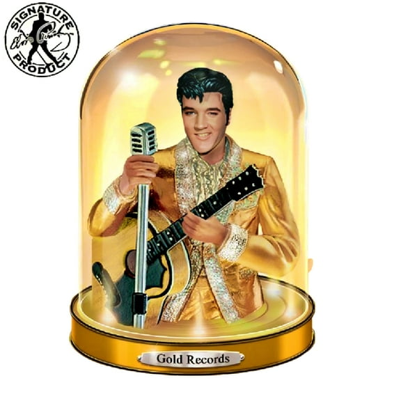 The Bradford Exchange Timeless Legend Sculpture Collection Issue #3: Gold Records Elvis Presley Handcrafted Glass Dome Sculpture in Bejeweled Jumpsuit with Illuminating Base 7-inches