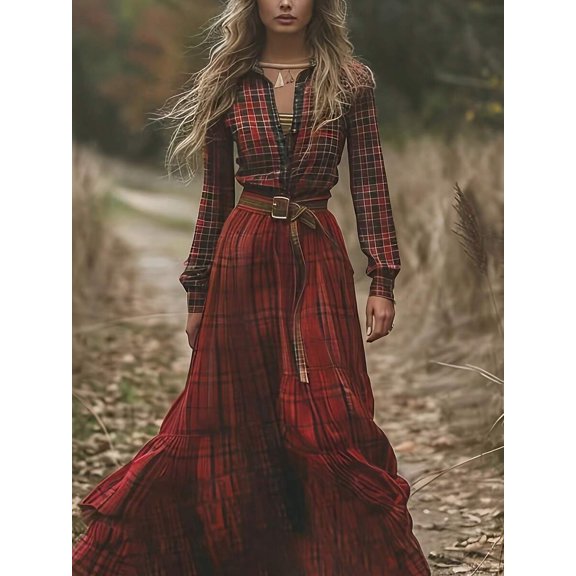 Red Womens Long-Sleeved Plaid Maxi Dress With V-Neck And Belted Waist, Casual Retro Swing Style