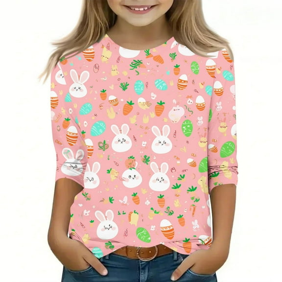 CFLVAEK Cute Bunny Eggs Graphic Tees for Girls Casual 3/4 Sleeve Easter Day Tshirts Comfy Round Neck T Shirts Easter Gifts for Kids Pink 5 Years