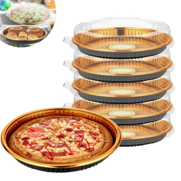 Topboutique 9.8 inch Disposable Serving Tray with Clear Cover Black Gold Pie Carrier Round Cake Container Plastic Bakery Box for Catering Buffet Picnic Party Takeout Food 5 Pack