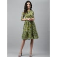 thumbnail image 4 of Janasya Olive Green Chiffon Lurex Floral Printed Keyhole Neck Half Sleeve Flared Midi Dress, 4 of 8