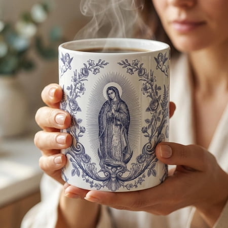 Catholic Virgin Mary Toile Mug, Blue Floral Ceramic Cup, Religious Gift