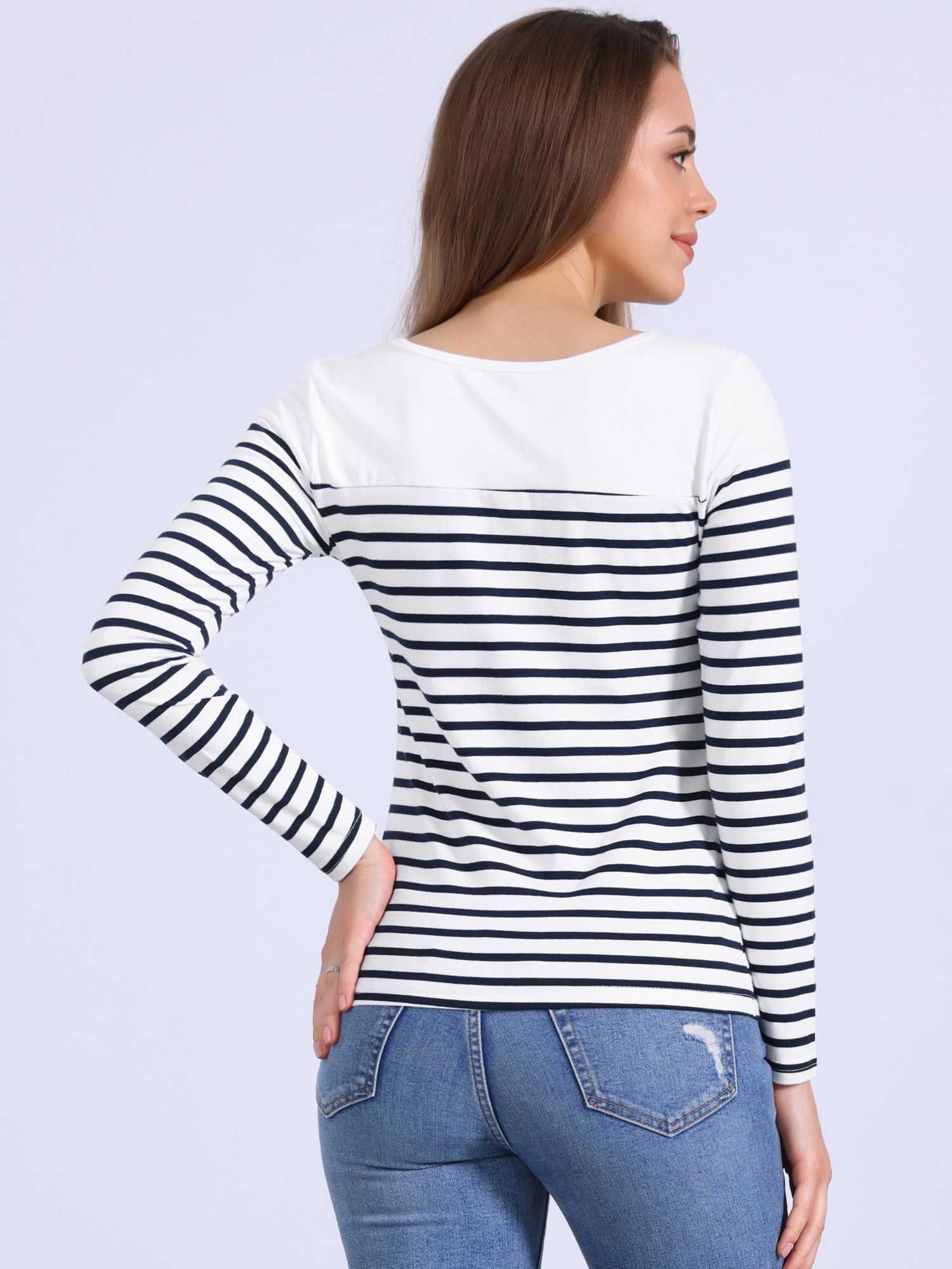 DARING DIVA Women's Color Block Striped Knit Top Long Sleeves T-Shirt XL Dark Blue
