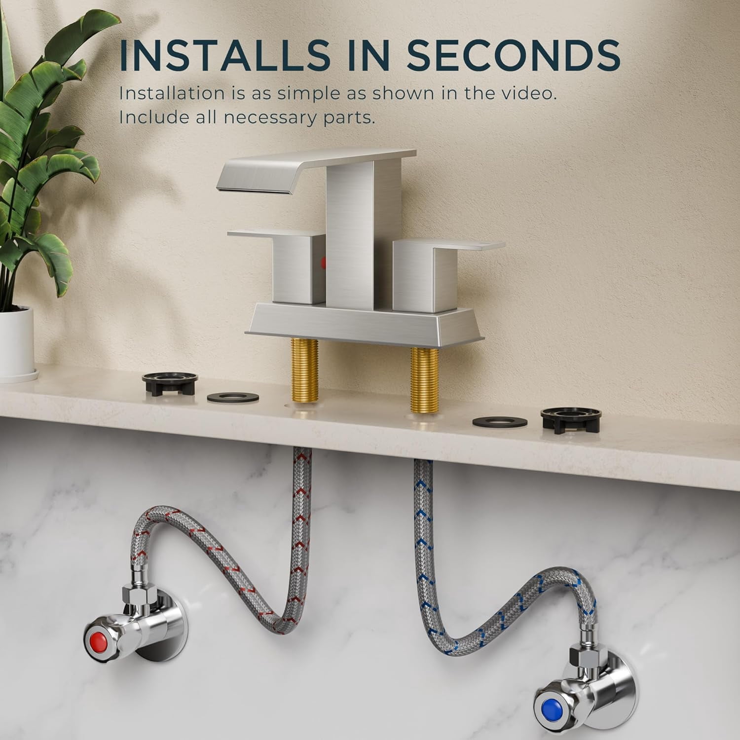 4 Inch Centerset Bathroom Sink Faucet 2 or 3 Hole Brushed Nickle Double Handle, Waterfall Bathroom Faucets with Metal Pop Up Drain and Flexible Hose, Suitable for Vanity RV Restroom Remodel