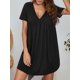thumbnail image 4 of Pijamas de mujer Camisón de punto Color sólido Cuello en V Manga corta Plisado Irfora Negro/Extragrande, 4 of 7