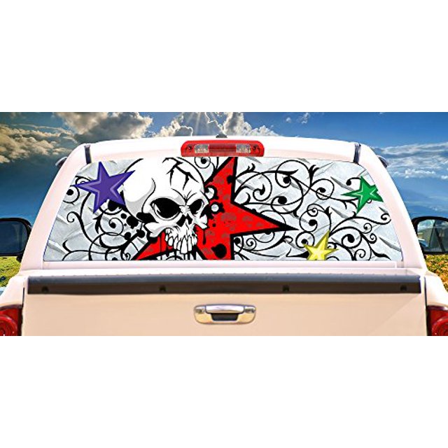 SignMission Skull and Stars Rear Window Graphic Back Truck Decal View Thru Vinyl, 16" X 54",