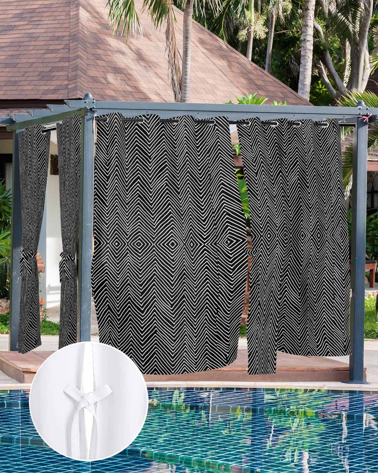 Black White Stripe Outdoor Curtains for Patio, Modern Abstract Art Moire Striped Privacy Drapes Grommet Waterproof Outside Curtains for Porch/Cabana/Balcony 54"x 108", 1 Panel