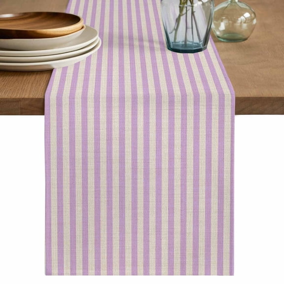 Purple Striped Table Runner, Modern Simple Farmhouse Beige Vintage Washable Cotton Linen Table Runners 90 Inches Long, Dresser Scarf Runner for Dining/Coffee/Kitchen/Hallway Tables 13''x90''