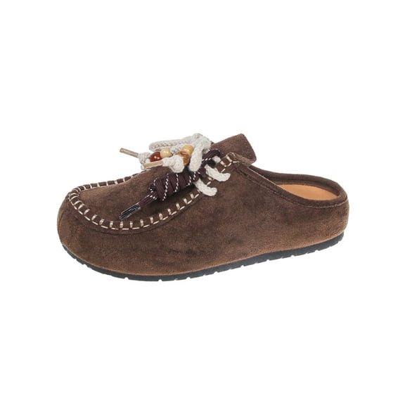 Brown Ladies Ethnic Style Beaded Half Slippers Flat Shoes Trendy Comfortable Casual For Women All Year