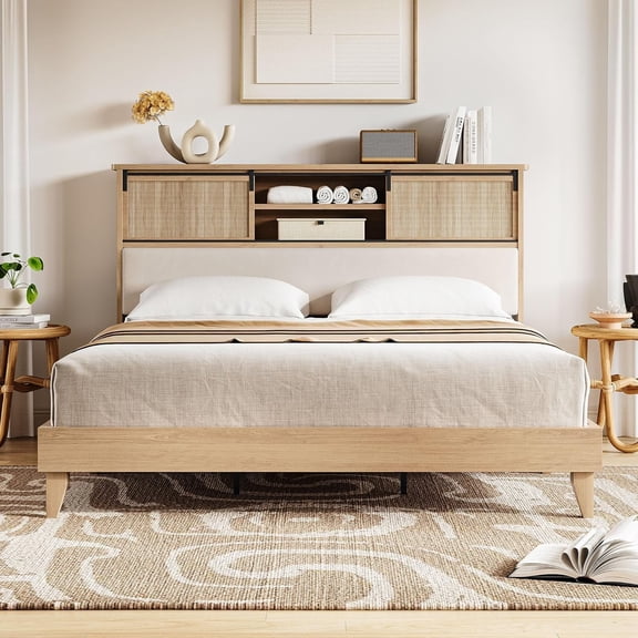 Shininglove King Size Rattan Bed Frame with Storage – Boho-Chic Bedroom Furniture with Sliding Door Shelf, Solid Wood Slats, & No Box Spring Needed – Easy Assembly Natural Oak
