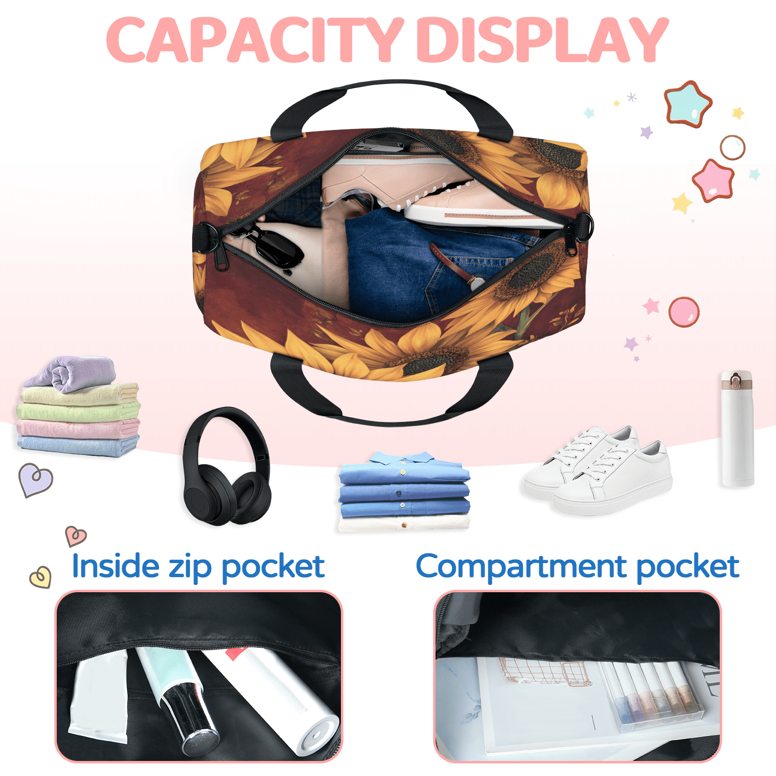 Herdesigns Sunflower Gym Bag for Women, Floral Duffle Bag for Travel Sport, Lightweight Waterproof Carry on Weekender Overnight Dance Yoga Workout Bags