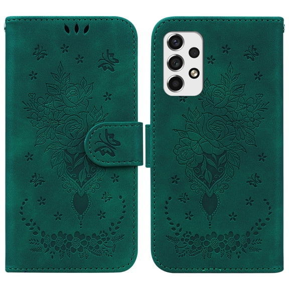 Wallet Phone Case for Samsung Galaxy A53 5G,for Women Men,Butterfly & Rose Embossed PU Leather Magnetic Clasp Flip Stand Card Slots Shockproof Ultra Thin Protective Cover,Green