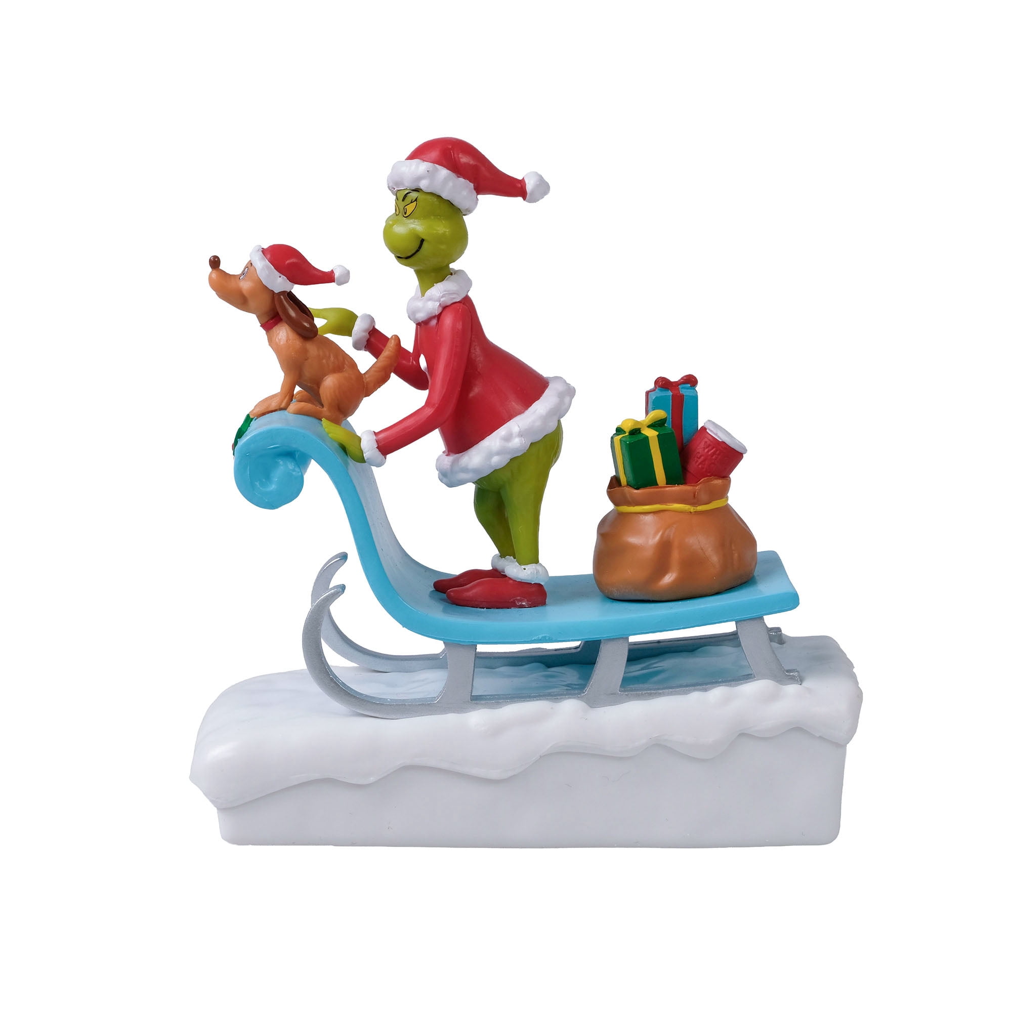 Dr. Seuss The Grinch Santa Sleigh Tabletop Christmas Figurine with Max and Gift Sack