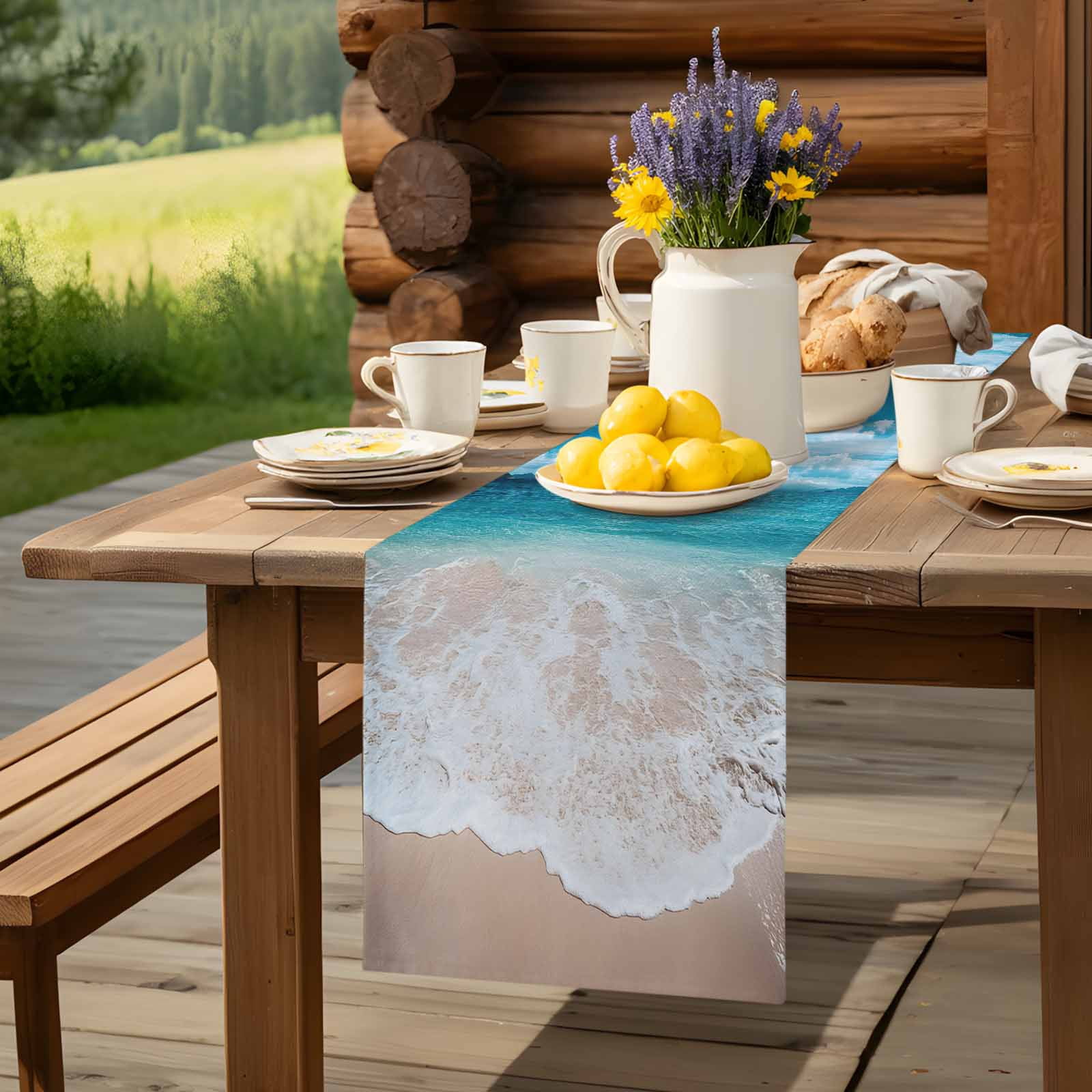 Turquoise Ocean Watercolor Beach Table Runner 90 Inches Long, Summer Seaside Blue Sky Table Runners Tabletop Scarf Kitchen Dining Tables Decoration for Home Party Indoor Outdoor