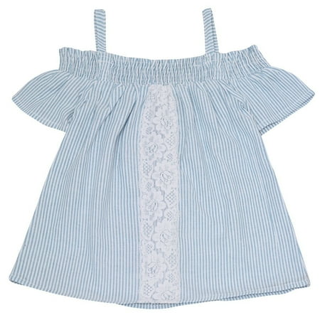- Little Girls Blue Stripe Lace Panel Off-Shoulder Short Sleeved Shirt