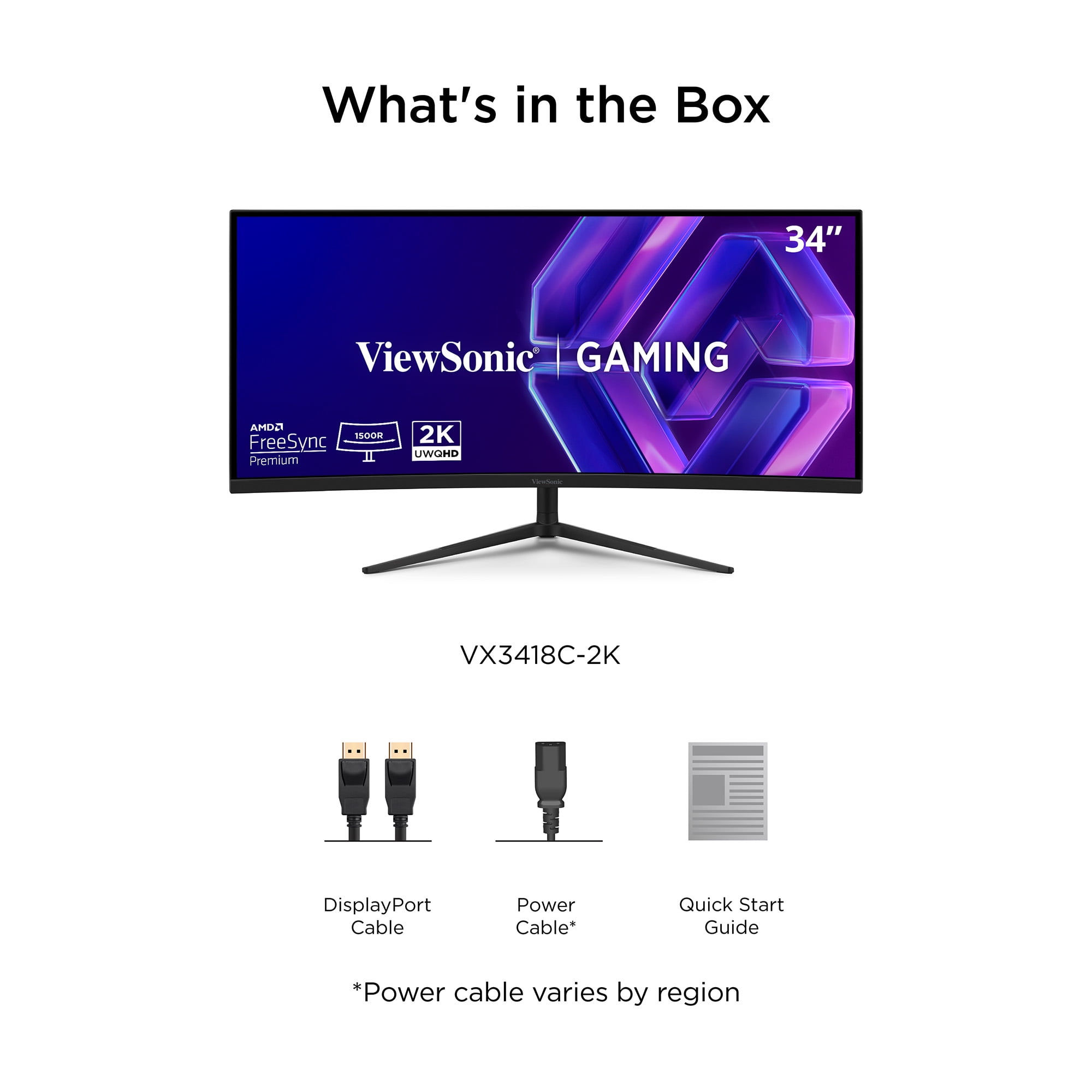 ViewSonic VX3418C-2K 34 Inch UltraWide QHD 1440p Curved Gaming Monitor with 180Hz, 1ms, 21:9, Advanced Ergonomics, FreeSync Premium, HDR10, HDMI, and DisplayPort Inputs