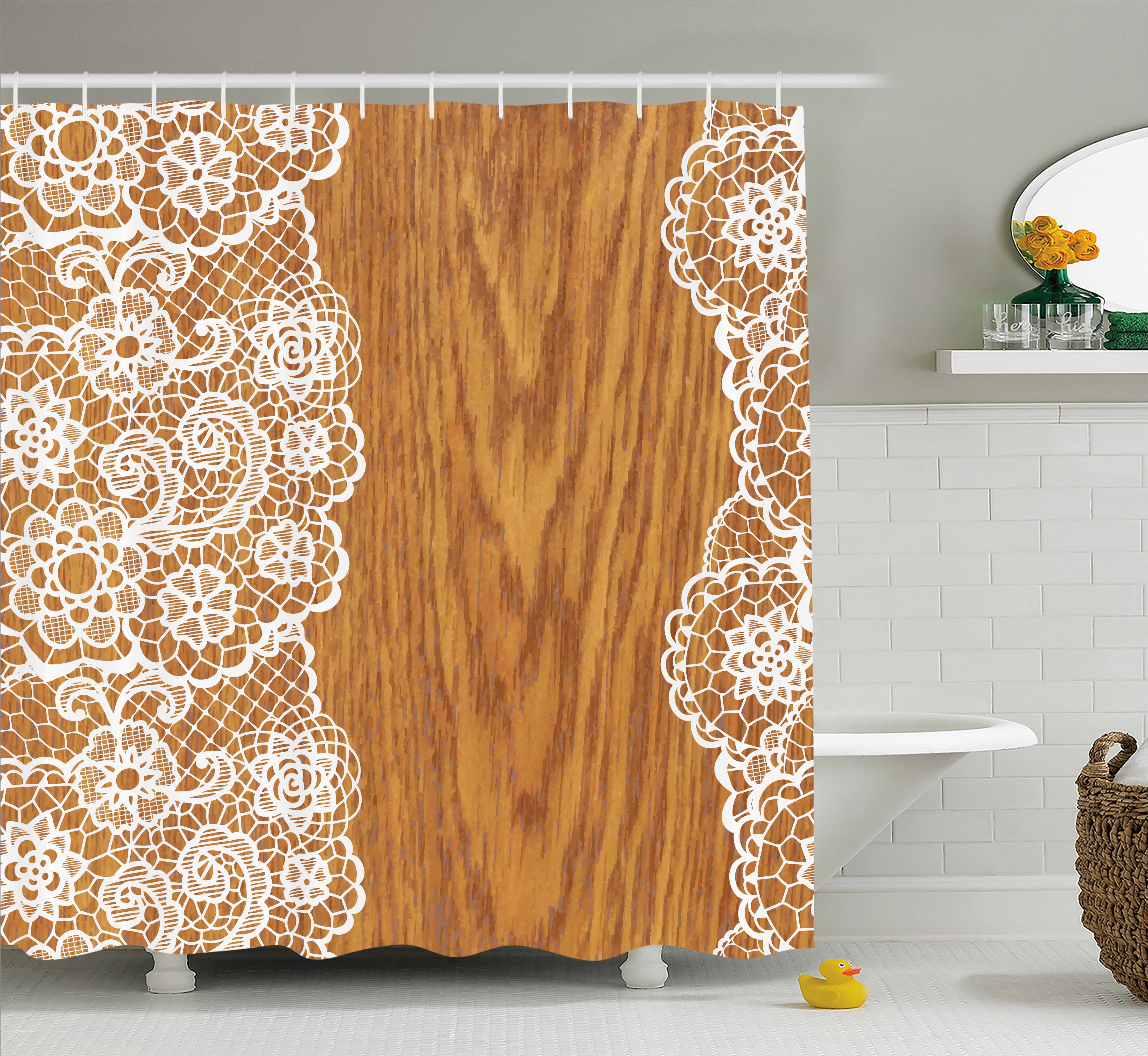 Vintage Shower Curtain, Shabby Chic Lace Pattern on Wooden Rustic