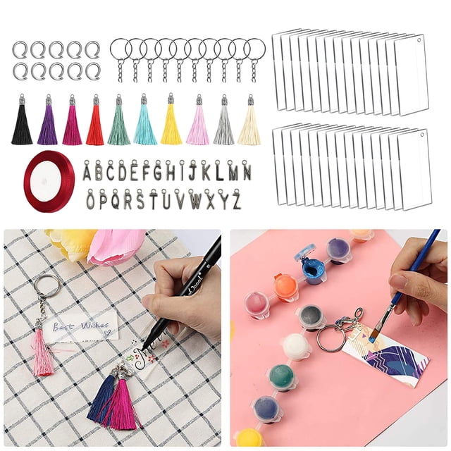 Llavero acrílico borlas en conjunto de colgantes con llavero carta rectángulo tablero para DIY correas artesanía perfecl borla llavero espacios en blanco