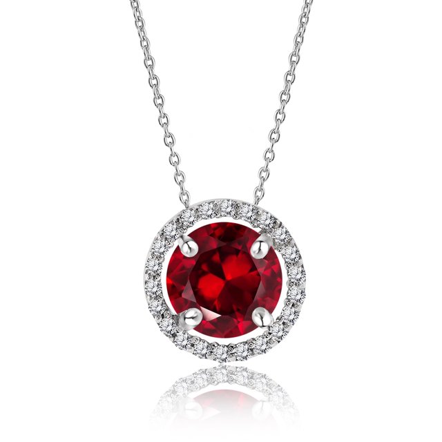 Collar con Colgante de Halo JeenMata de Piedra Natal de Enero Granate 1,25 Quilates en Baño de Oro Blanco