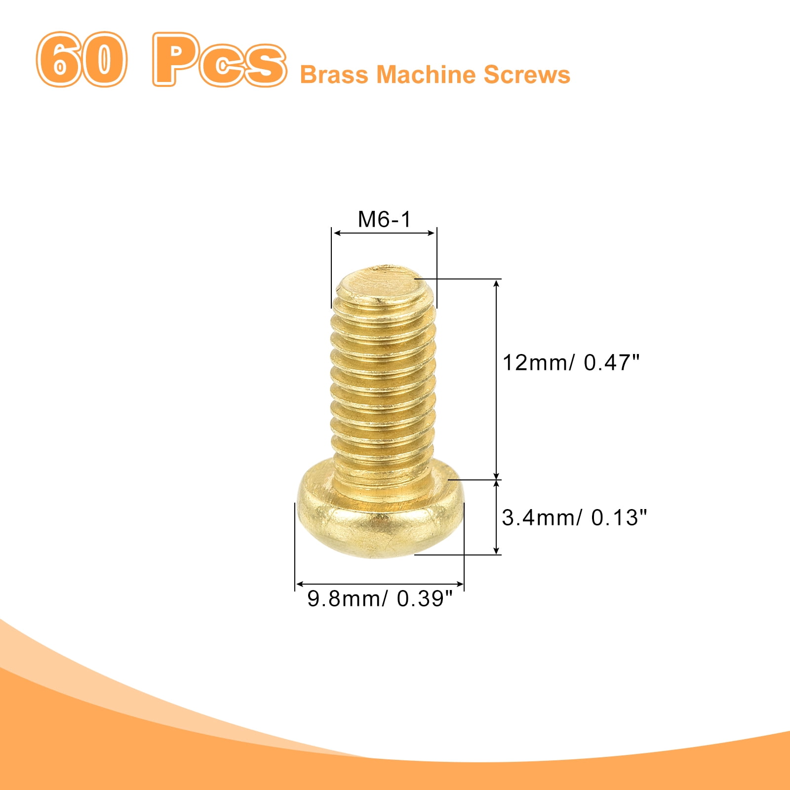 60Pcs Brass Machine Screws, M6x12mm Phillips Pan Head Fastener Machinery Bolts