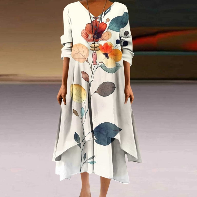 asdoklhq Casual Dresses for Women Women Casual Loose Printed Irregular  Buttoned Hem-Neck 3/4 Sleeve Dresses Beige 5X - Walmart.com