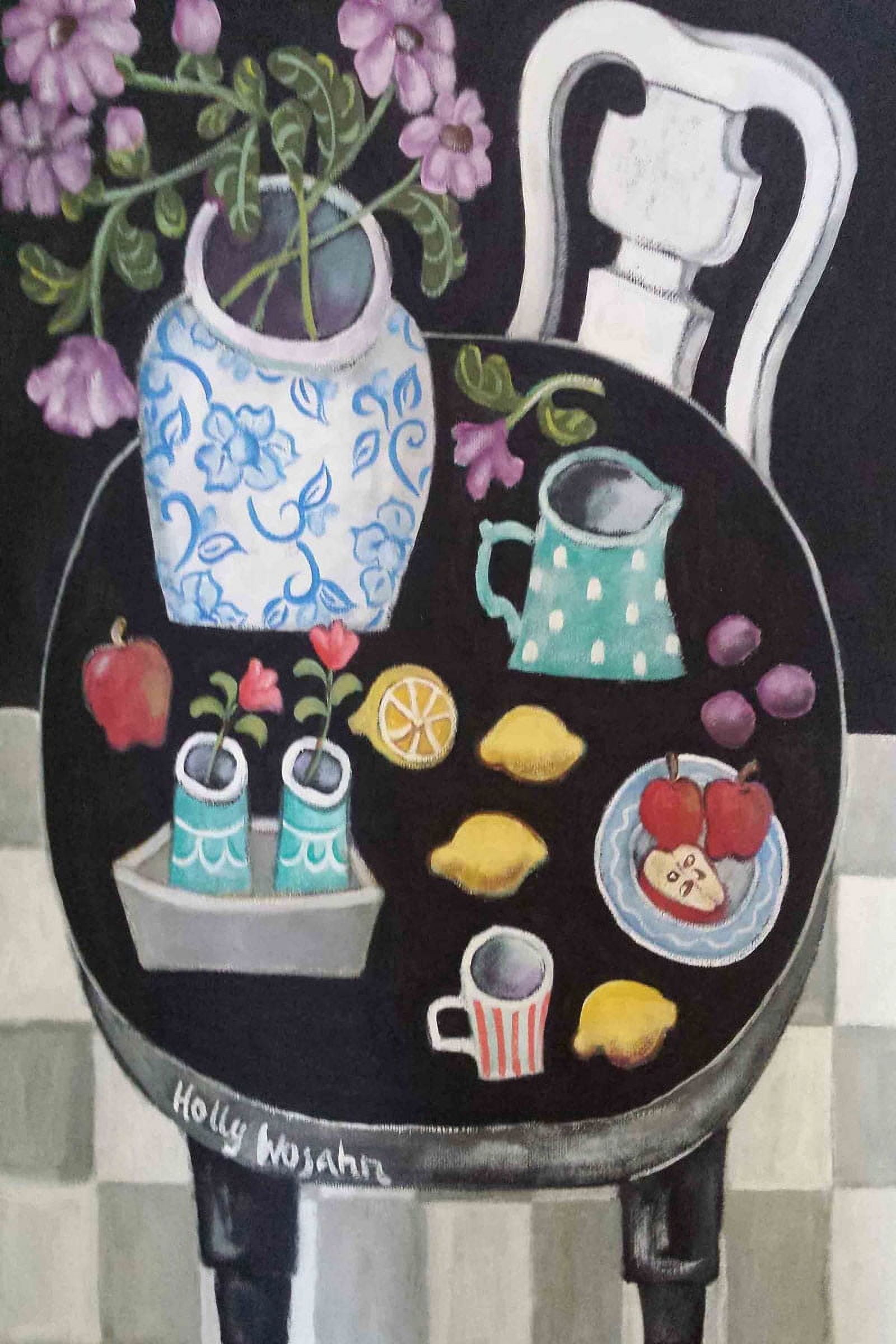 Marmont Hill "Fruit and Flowers on Black Table" Painting Print on Canvas