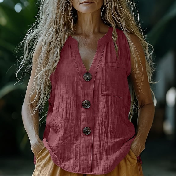 Women Summer Linen Tank Tops Loose V Neck Button Causal Breathable Boho Sleeveless Blouse Shirt Wine S
