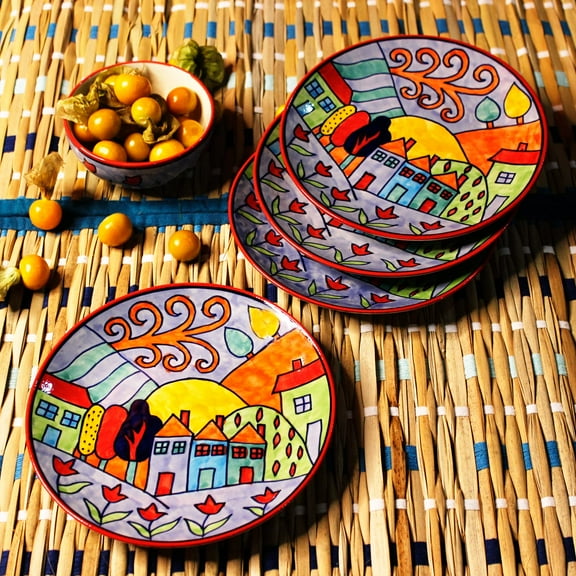 Exotic Panorama Hand Painted Ceramic Quarter Plates Set Of 4 | Small Side Plates For Dinner & Snacks - 7 Inch, 4 Pieces, Microwave Safe